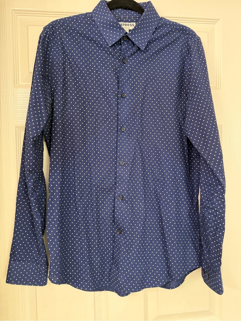 Express Men’s Extra Slim Medium Polka Dot Navy White Dress Shirt